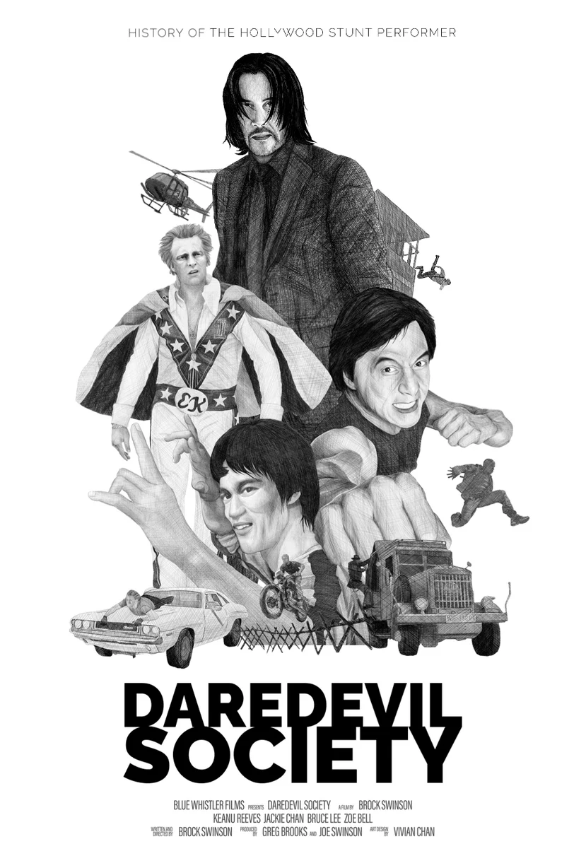 Daredevil Society poster art: stunt legends drawn in ink around the title
